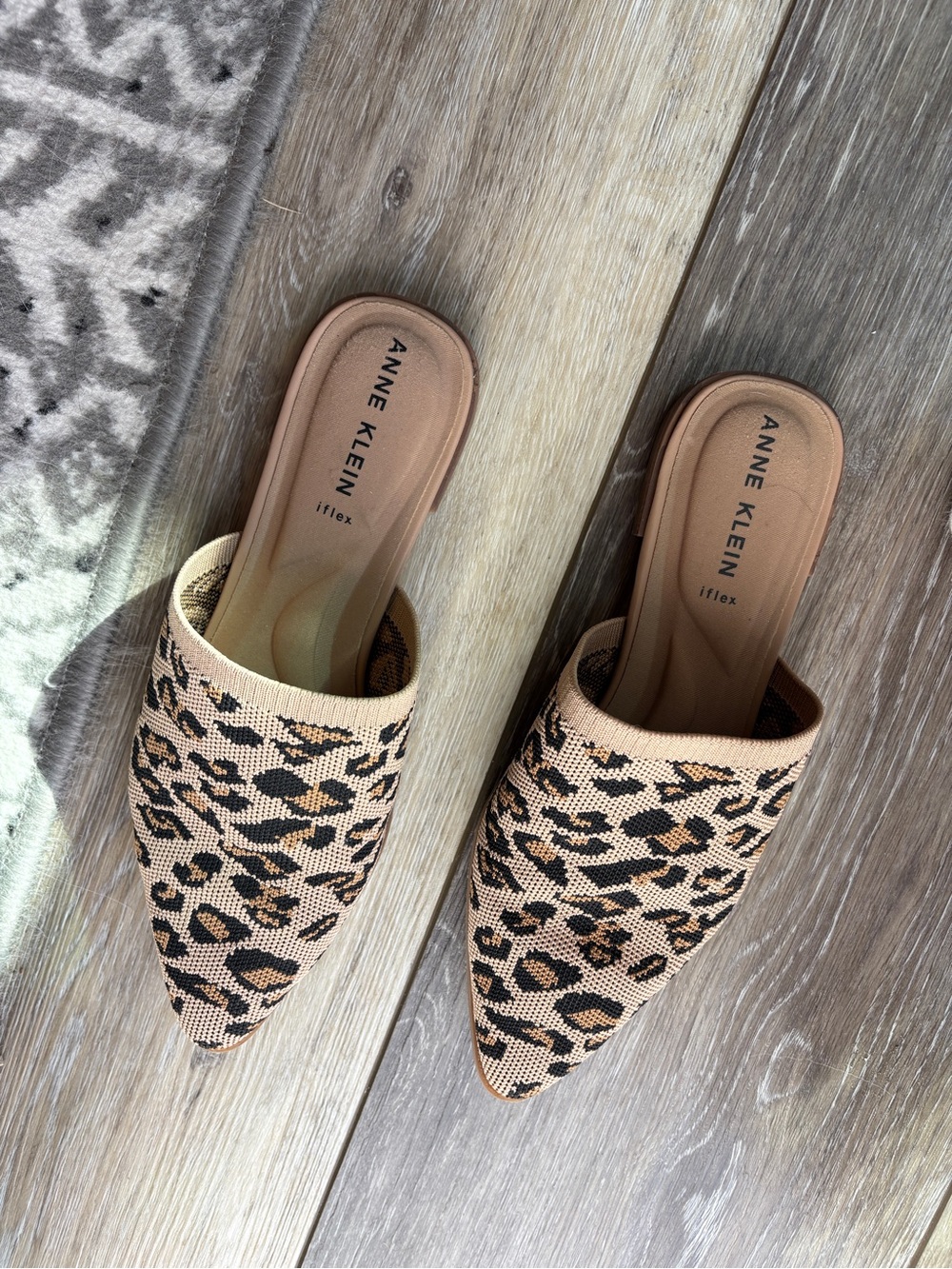 Anne Klein Tan and Black Leopard Knit Pointed Mules